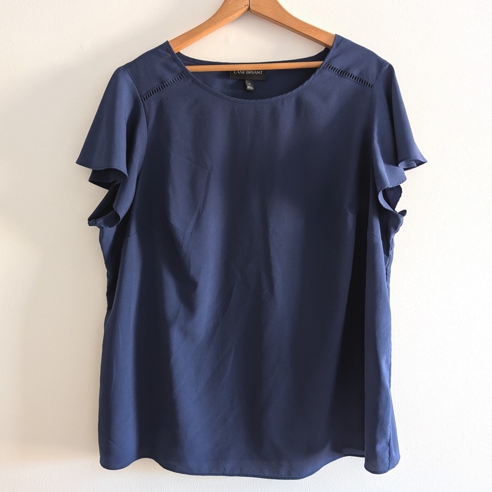 Lane Bryant Navy Blue Flutter Sleeve Ladder Stitch Blouse Top Size 14